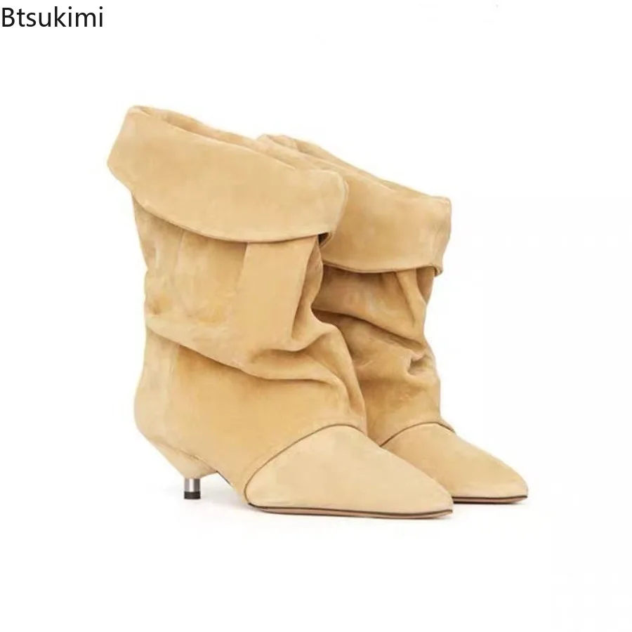 New 2026 Autumn and Winter Women's Thin Heel Short Boots Fashion Pointed Wide Tube Folded Stacked Boots Ladies Large Ankle Boots