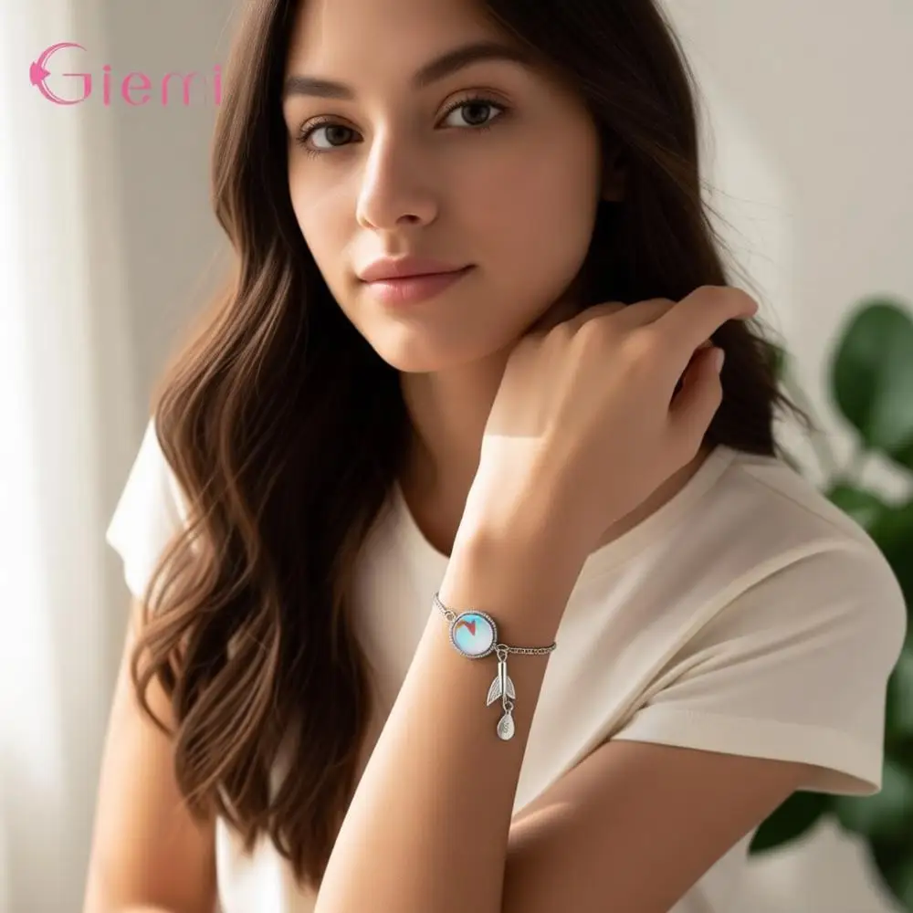 Cute 925 Sterling Silver Fish Tail Design Moonstone Adjustable Bracelets for Women Girls Anniversary Party Fashion Jewelry Gifts