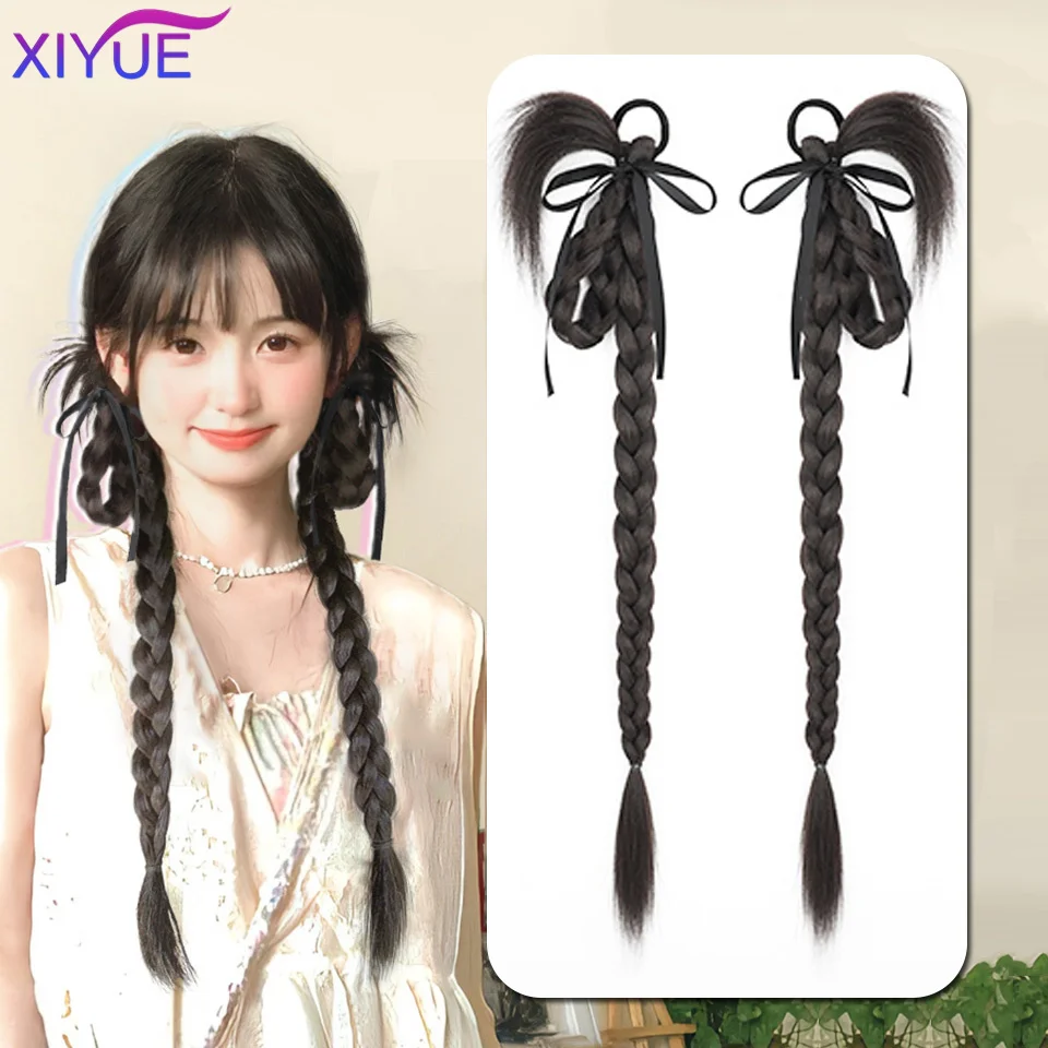 XIYUE  Wig Bubble Braid Double Ponytail Fuffy Imitation Fried Dough Twists Braid Ponytail Wig