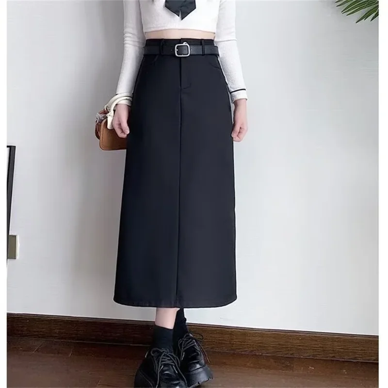 

2026 Korean Style Fashion High-Waisted Long Skirt Set, Spring and Autumn Slim Fit Slit Bodycon Women's Clothing, Black Long Skir