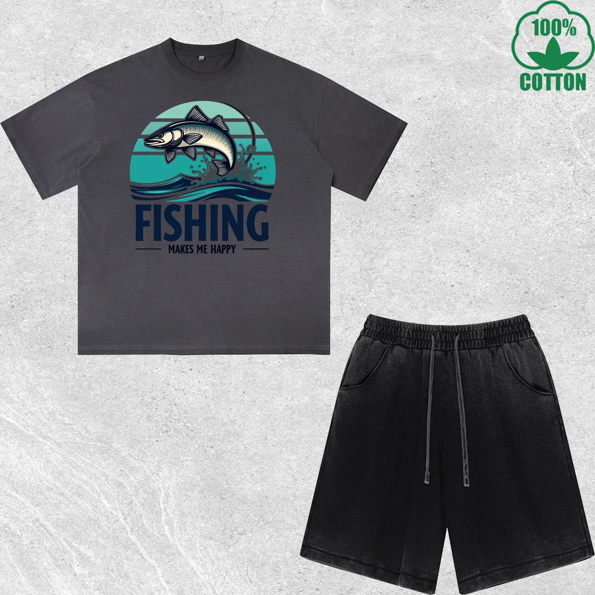 

Fishing Makes Printed Dirty Wash T-Shirt Shorts Set Multicolor Combo Loose Trendy Fashionable 100%Cotton