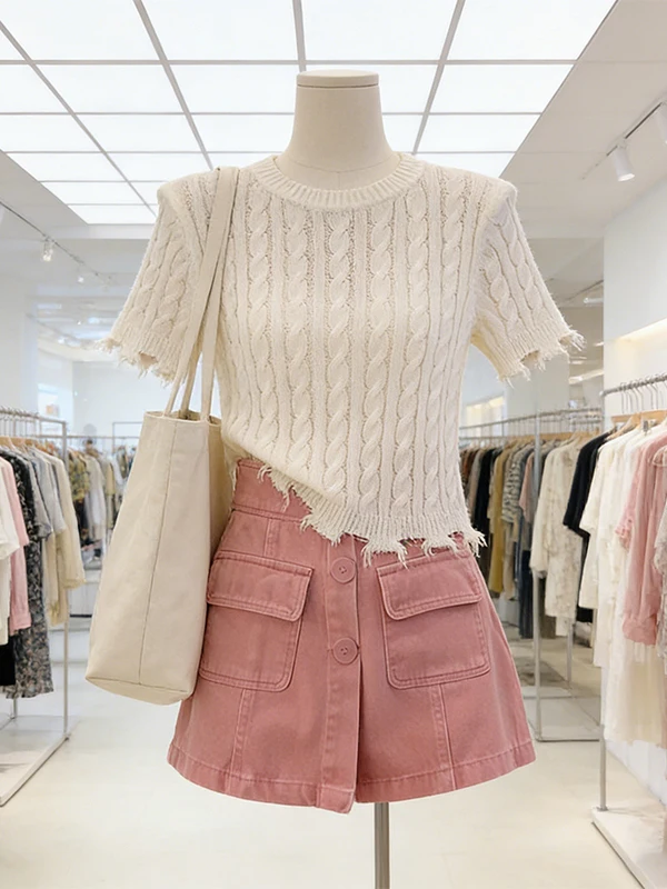 

Summer Knitted Sweater Short Sleeve round Neck A-Line Skirt Pants Two-Piece Set plus Size Women's Fashion Commute Korean Style