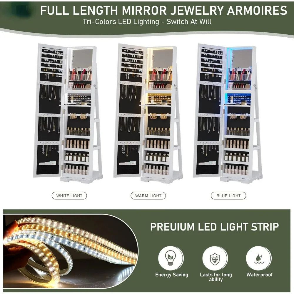 LED Jewelry Armoire With Full Length Mirror, Lockable Mirror With Storage With 3 Color Lights, 360° Swivel Jewelry Cabinet