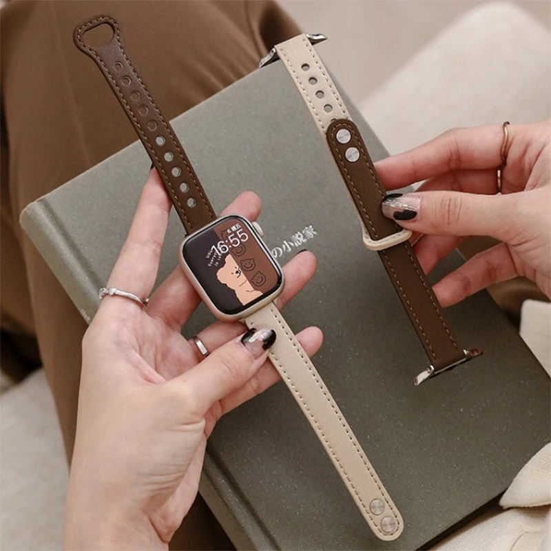 Slim Leather Band for Apple Watch SE 12 11 10 9 8 7 6 5 4 3 Soft Replacement Strap for iWatch Ultra 49mm 38 46 42 45 41 44 40mm