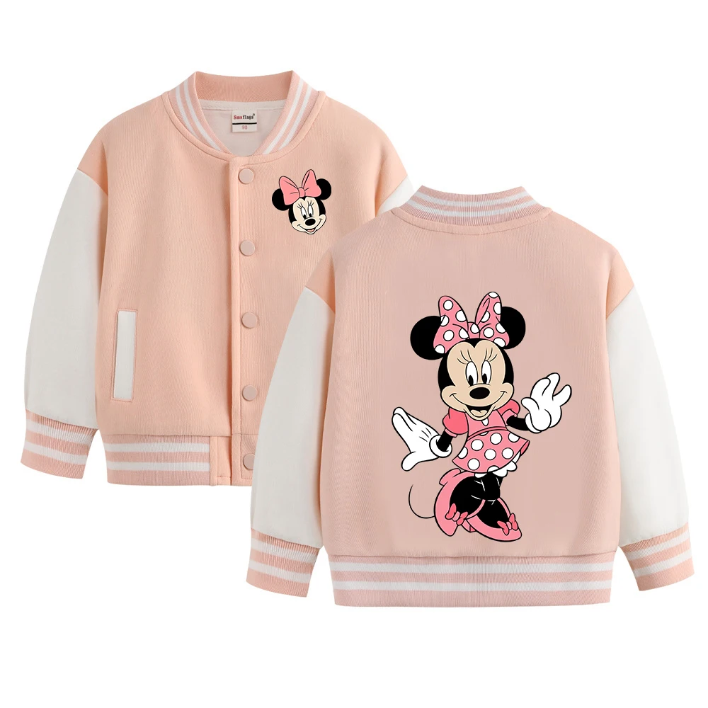 New Disney Minnie Long Sleeve Crew Neck Warm Cardigan Jacket Embossed Baseball Jacket Children Sweatshirts Fashion Streetwear