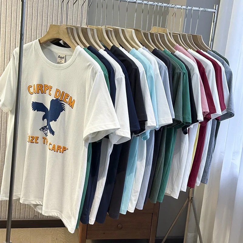 

100% Cotton Washed Brushed T-shirts American Retro Amekaji Summer Men's Loose-fit Printed Short-Sleeve Round Neck Soft Tees Tops