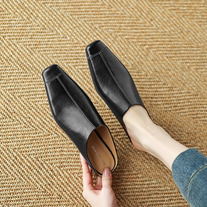 

NEW Summer Women Mules Genuine Leather Shoes for Women Cover Toe Height Increasing Slippers Square Toe Concise Sewing Sandals