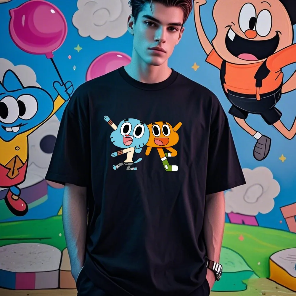 تي شيرت The Amazing World of Gumball Gumball and Darwin بأكمام قصيرة ورقبة دائرية ملابس الشارع الشهير بنمط كلاسيكي من القطن عالي الجودة