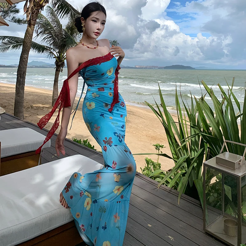 تنورة Loween Beachside عالية الخصر Fi-Tail Dr من البوليستر المتين بكتف واحد للشمس والسفر Sle Important Ocns #5