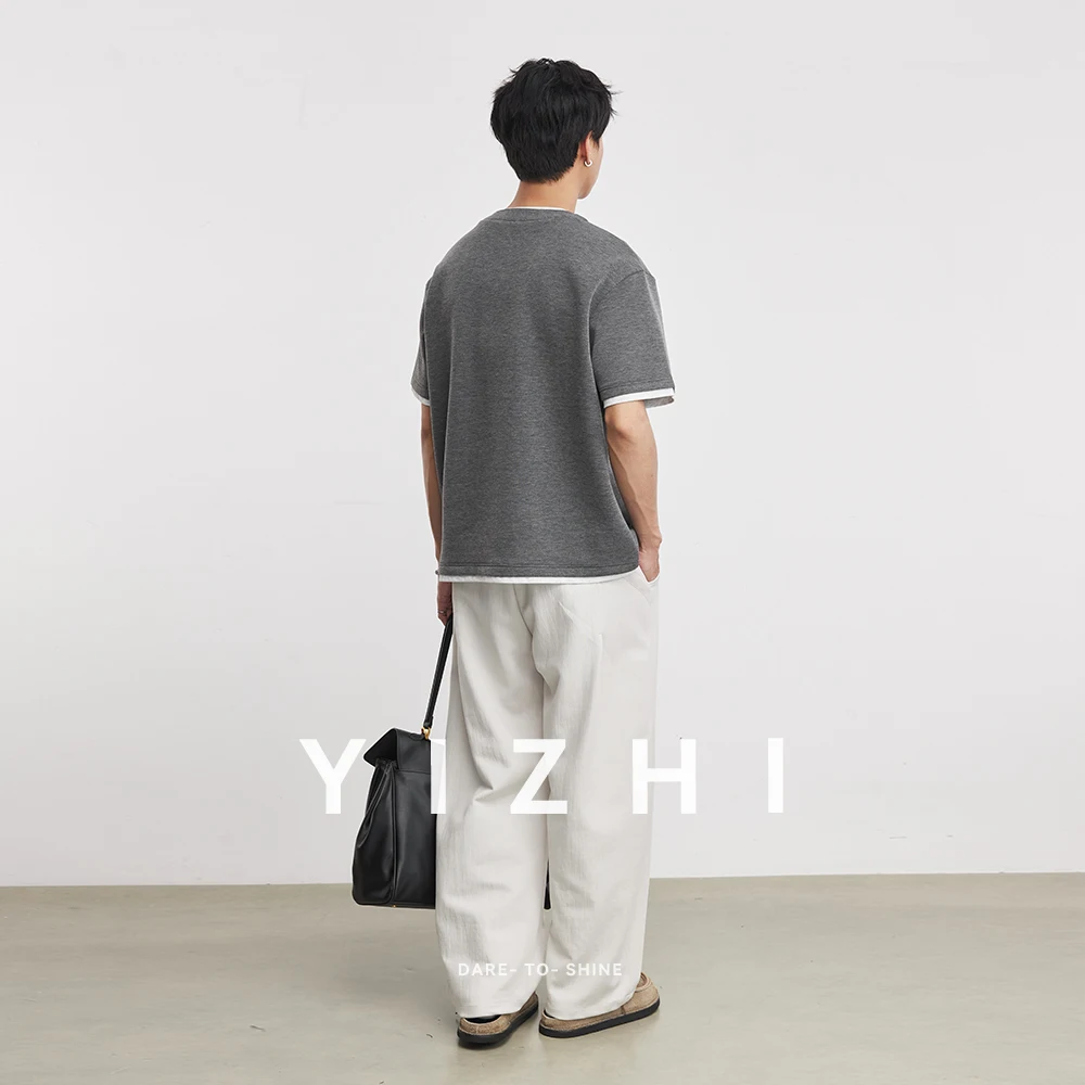 Fashion 260g Fake Two-Piece Half-Button Crew Neck Short Sleeve T-Shirt Men Summer 2026 New Casual Tops