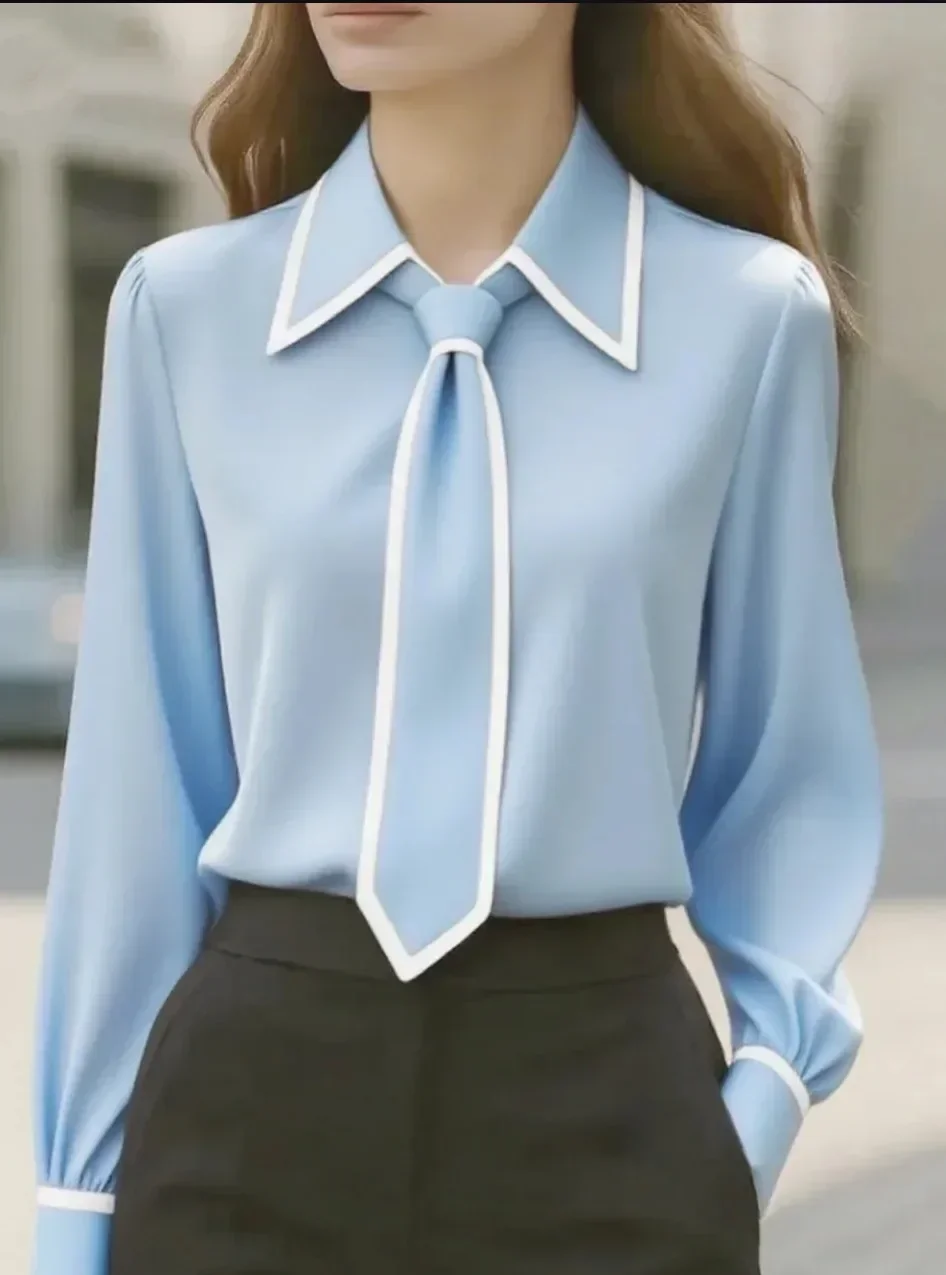 Women Contrast Trim Lapel Shirt Tie Decor Long Sleeve Elegant Office Blouse Tops