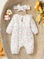 Baby Girl's All Seasons Long Sleeve Print Floral With Bow Daily Jumpsuit For Newborn-6M Clothes +Headband 2