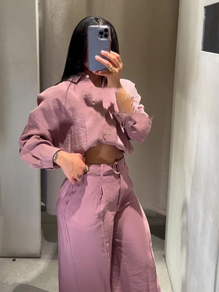 

HH Women 2-Piece Set Lapel Long Sleeve Single-Breasted Drooping Shirt+Autumn Loose Elastic Waist Pocket Solid Belt Pants