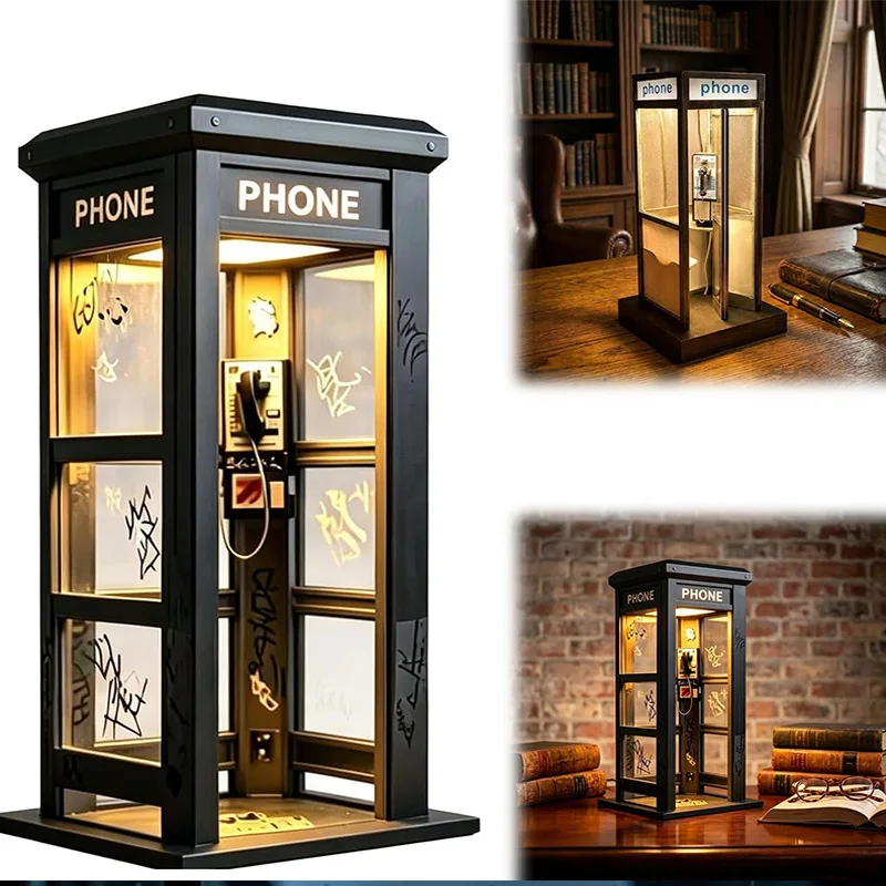 Vintage London Phone Booth Ambient Lamp Retro Urban Graffiti Style Wooden Desk Light Warm Amber Glow Mini Telephone Booth Decor