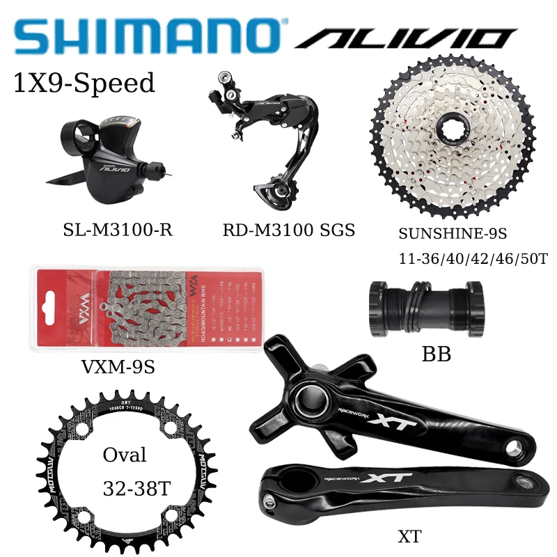 

SHIMANO ALIVIO M3100 9Speed Bike Shifting Complete Kit SUNSHINE 11-35/40/42/46/50T VXM Chain RACEWORK-XT Crankset MTB bike parts