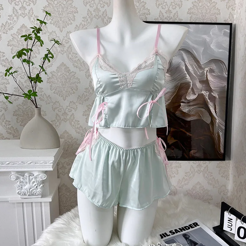 

Sexy Sleepwear Ice Silk Breathable Sleep Top And Shorts Sleepwear Set Casual Wear Set Hollow Lace Sleepwear