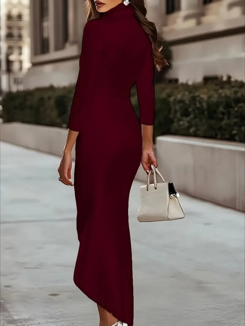Damen Satin-Wickelkleid mit Wasserfallausschnitt, Langen Ärmeln und Asymmetrischem Saum – Detail 10