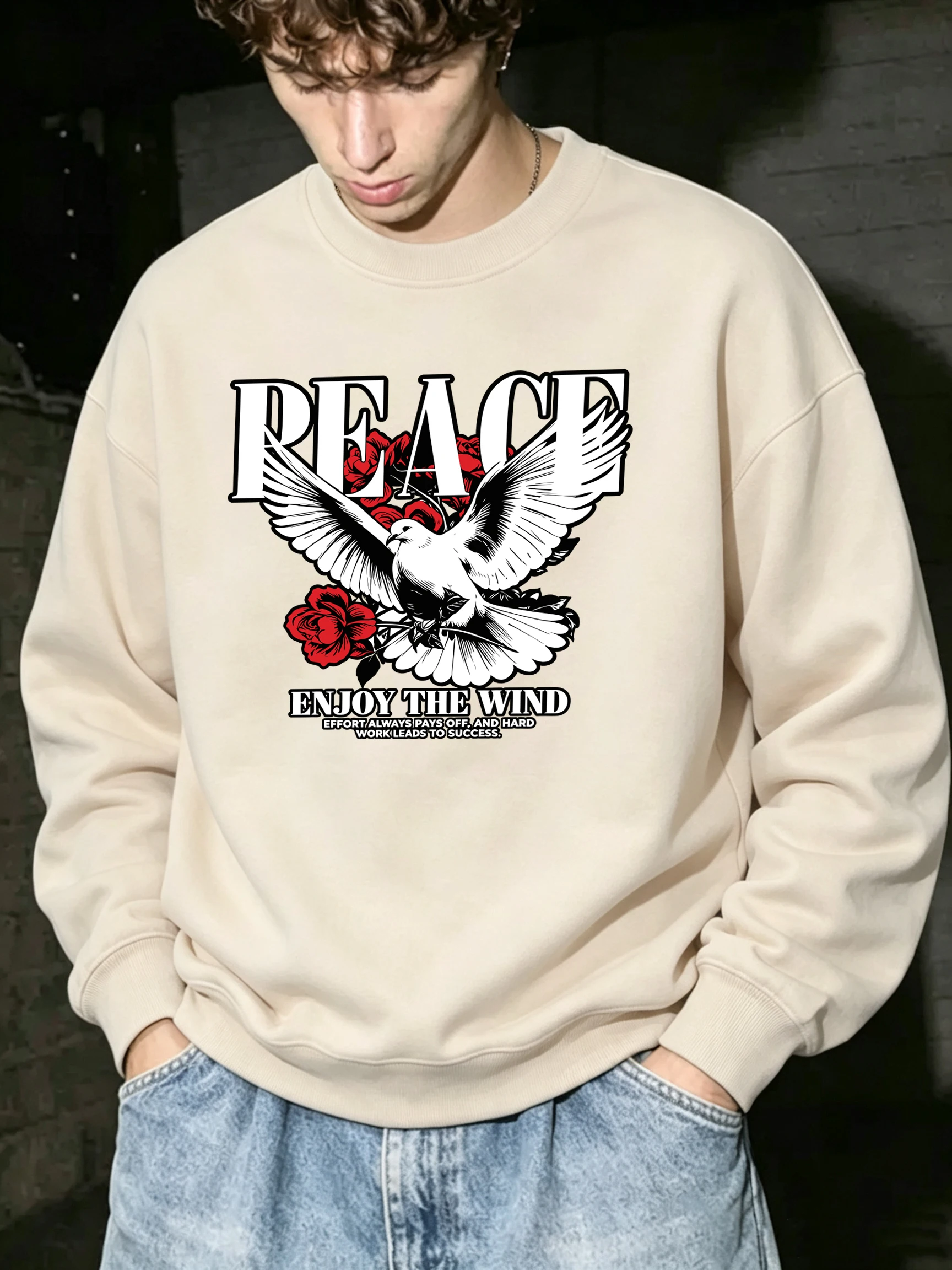 Peace Dove Rose Enjoy The Wind Printed Sweatshirt Men Autumn Loose Sportswear Hipster Soft Pullover Fashion Hip Hop Clothing