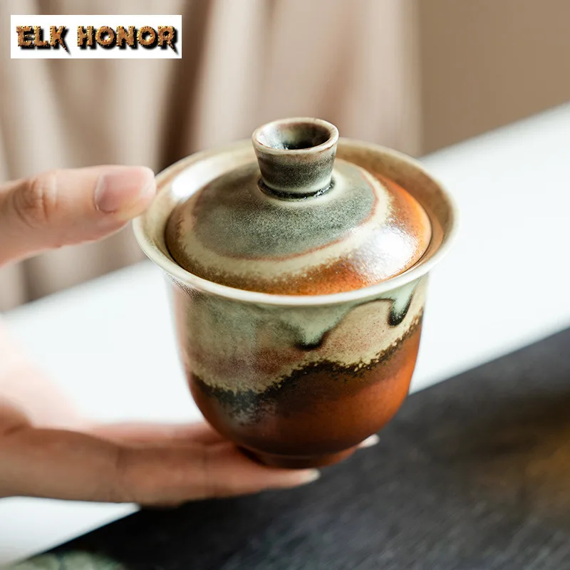 110ml Wood-fired Porcelain Hand Gripping Gaiwan Zen Tea Tureen Tea Bowl with Lid Kit Tea Maker Cover Bowl Drinkware Ornaments