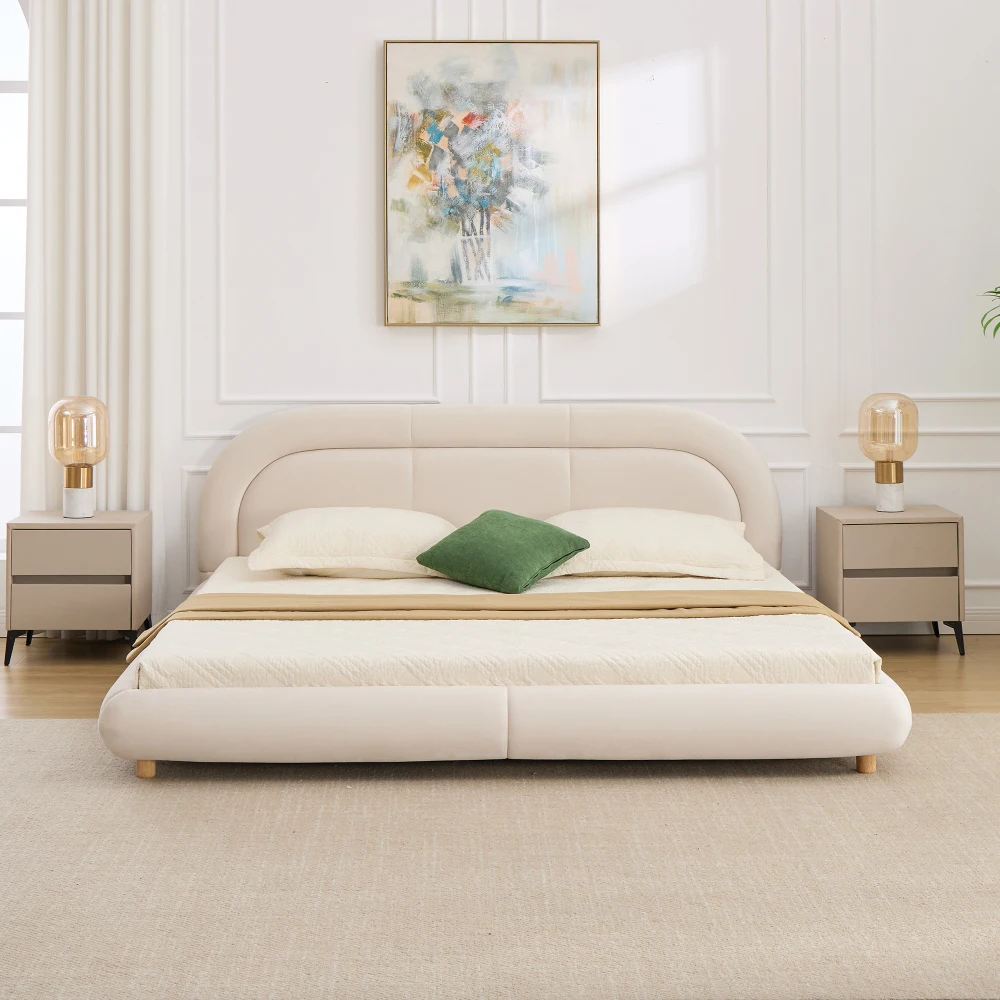 

Кровать King Size, современная изогнутая кровать-платформа с низким основанием и изогнутым изголовьем (бархат, бежевый)