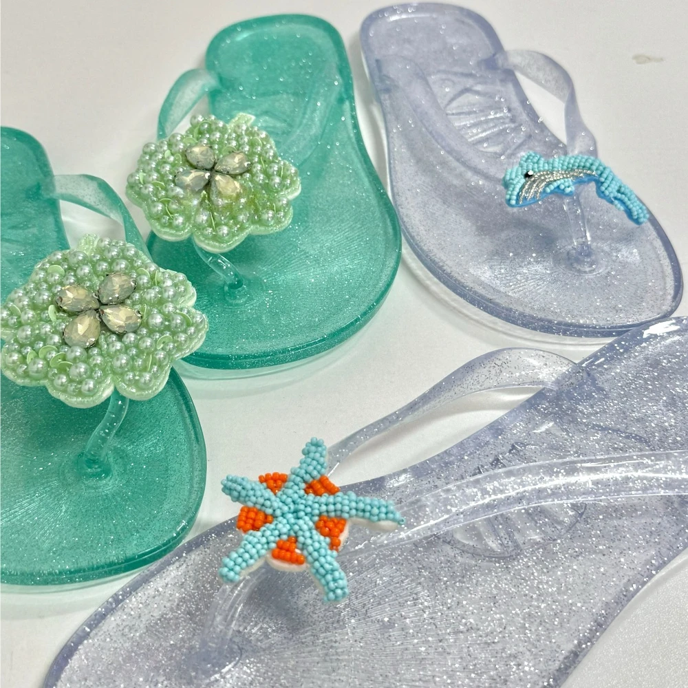 Women's Summer Beach Flip-flops Starfish Dolphin Handmade Transparent Jelly Slippers Lucky Leaf Vacation Style Flip Flops Pair