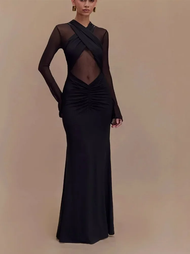 

Sexy Black See Through Mesh Spcling Women Maxi Dress Fashion Full Sleeve Fold Slim Fit Long Dresses 2025 Lady New Party Robes
