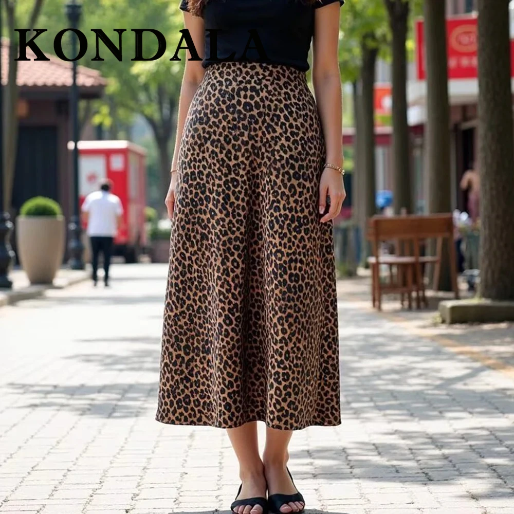 KONDALA Vintage Leopard Elegant High Waist Woman Skirts Fashion 2025 Summer Mature Chic Streetwear Night Party Mujer Long Skirts