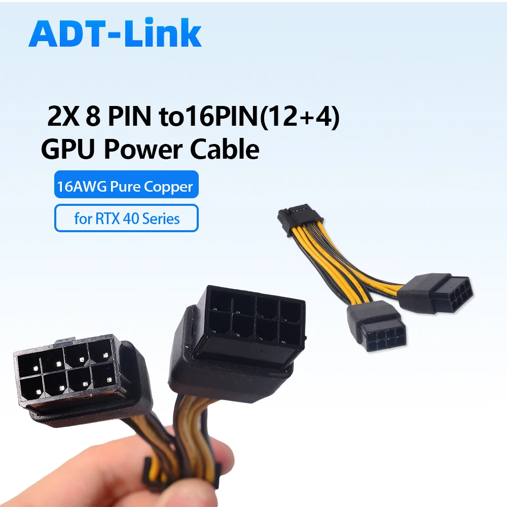 ADT-Link 2x 8Pin Female To 16Pin (12+4) 12VHPWR GPU Power Adapter Cable 16AWG Pure Copper for RTX 40 Series Graphics Card 10CM