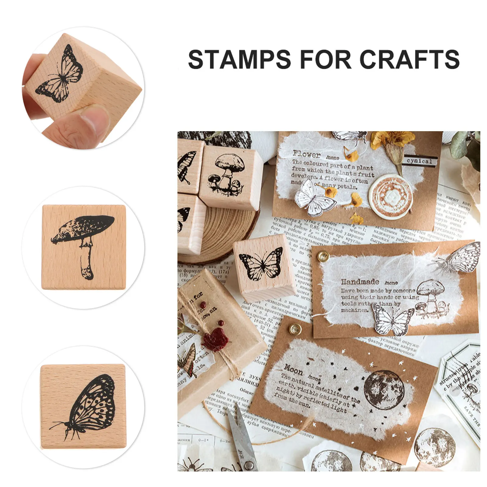 

4pcs Wooden Butterfly Stamps for DIY Scrapbook Photo Album Cards Decorative Rubber Stamp Set Retro Craft