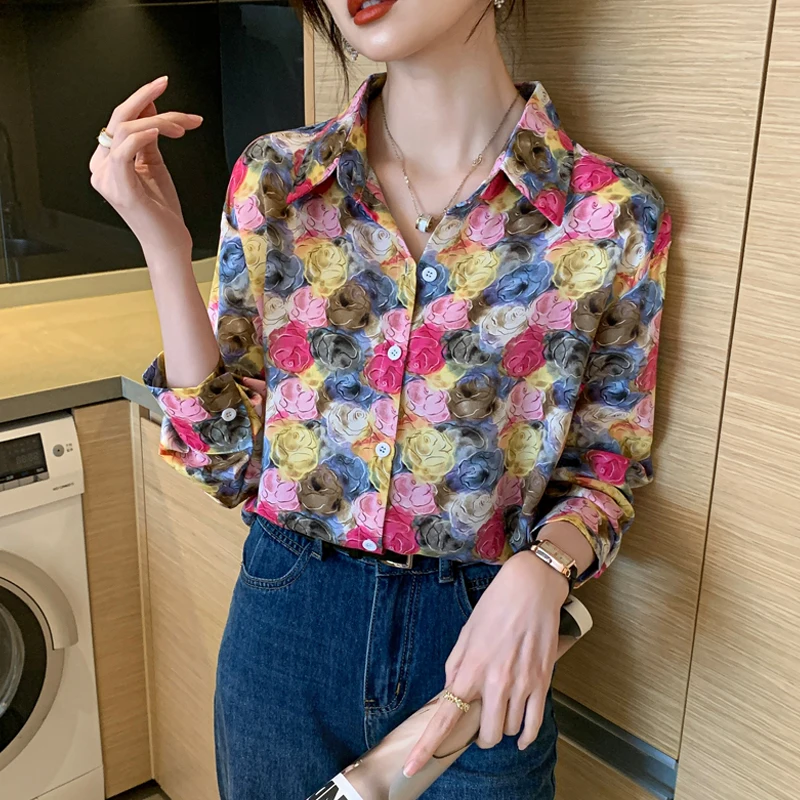 Women Spring Korean Fashion Loose Printing Silk Polo-Neck Long Sleeve Shirts Women Clothes Casual All-match Appear Thin Tops