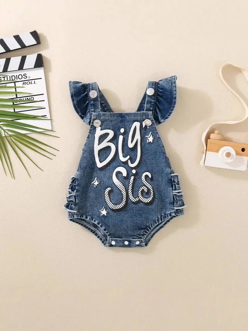 Summer Casual Cute Girl's Big Sister Denim Harem Trousers Printed Cap Sleeves Design Comfortable Loose-Fitting Babywear