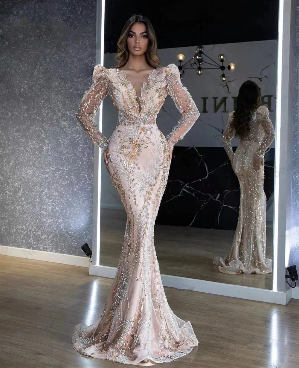 

Luxury Crystal Mermaid Evening Dresses Long Sleeves Detachable Train Rhinestone Sequine Prom Party Gown Custom Vestidos de noche