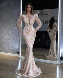 Luxury Crystal Mermaid Evening Dresses Long Sleeves Detachable Train Rhinestone Sequine Prom Party Gown Custom Vestidos de noche