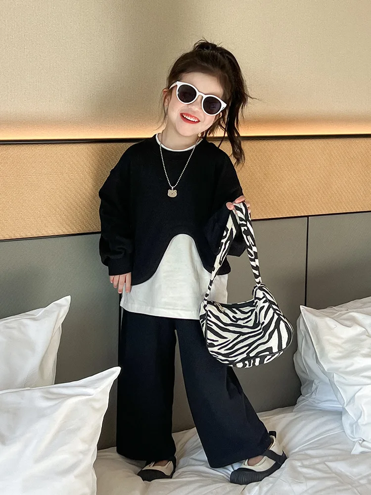 Girls' Trendy Assorted Colors False-Two-Piece Sweater2024Autumn New Versatile Casual Pants Two-Piece Fashion Children's Clothing image 2