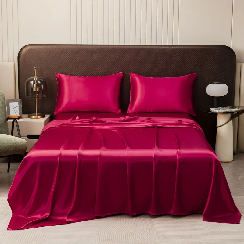 

Simulation Silk Satin Bed Sheet + Pillowcase Three-piece Set Solid Color Soft and Comfortable Bed Sheets Bedding