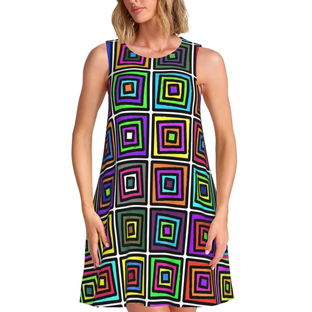 Geometic Colorblock Tank Dress Mid Century Boho Beach Dresses Ladies Summer Streetwear Graphic Oversize Casual Dress