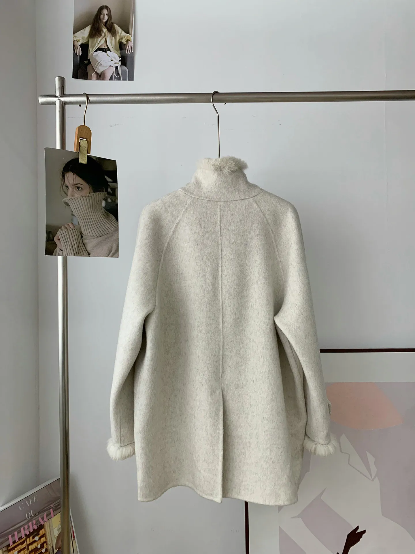 New Arrival 2026 Winter Womens Mid Length Loose Double Face Wool Coat Rabbit Fur Spliced Stand Collar Woolen Outerwear Hand Sewn