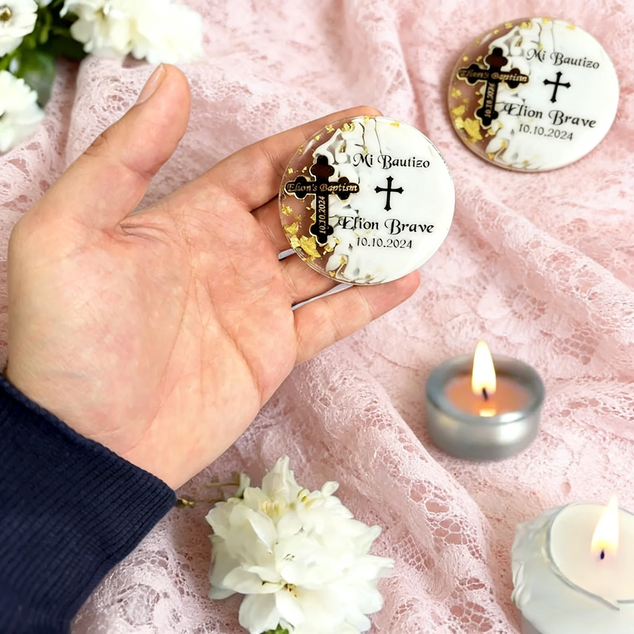 Personalized Resin Baptism Magnets | Custom Baptism Gifts for Guests | Mi Bautizo Prima Comunione Bulk