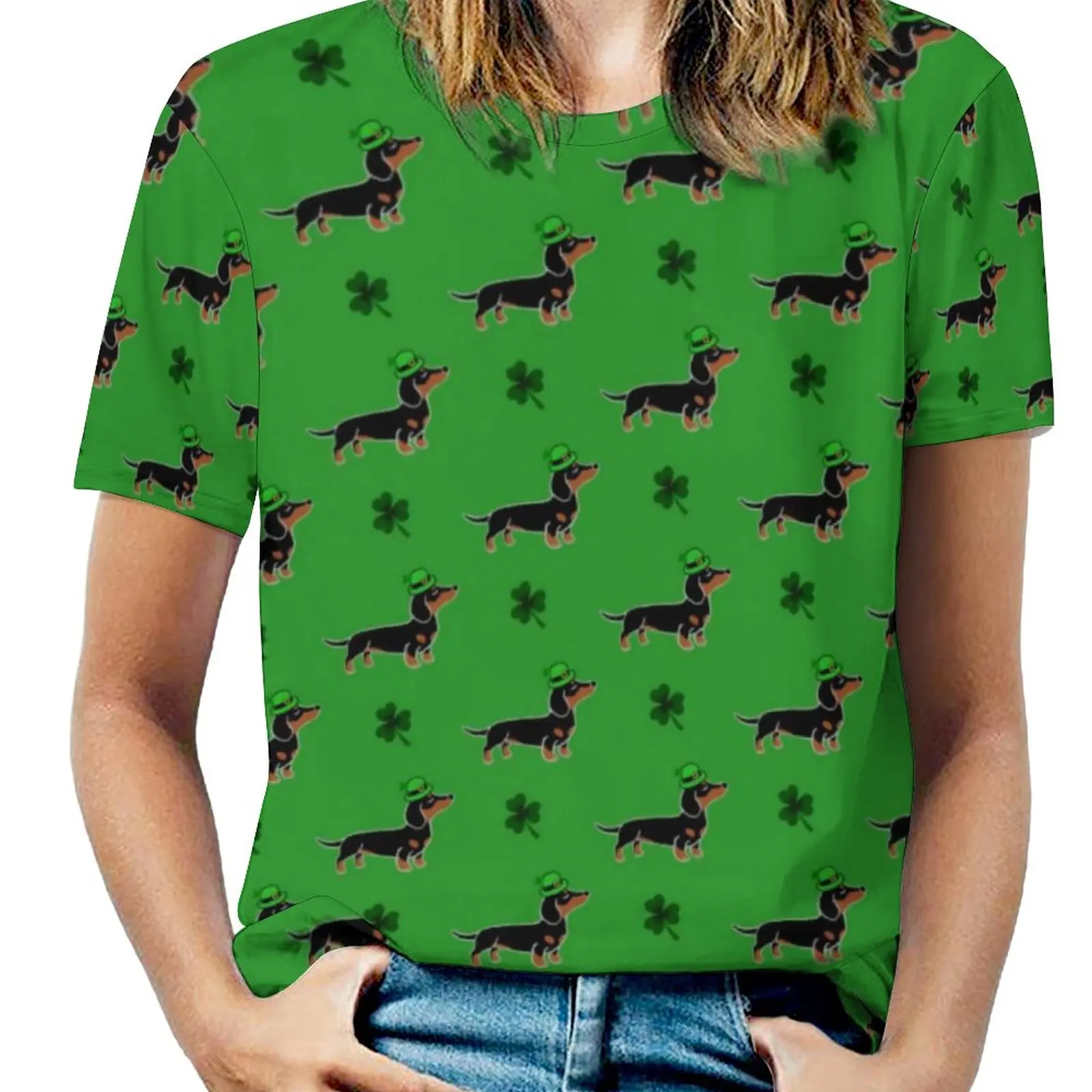 Black Dachshund T Shirt St Patricks Day Funny T-Shirts Short-Sleeve Custom Tshirt Woman Casual Top Tees Big Size 5XL 6XL