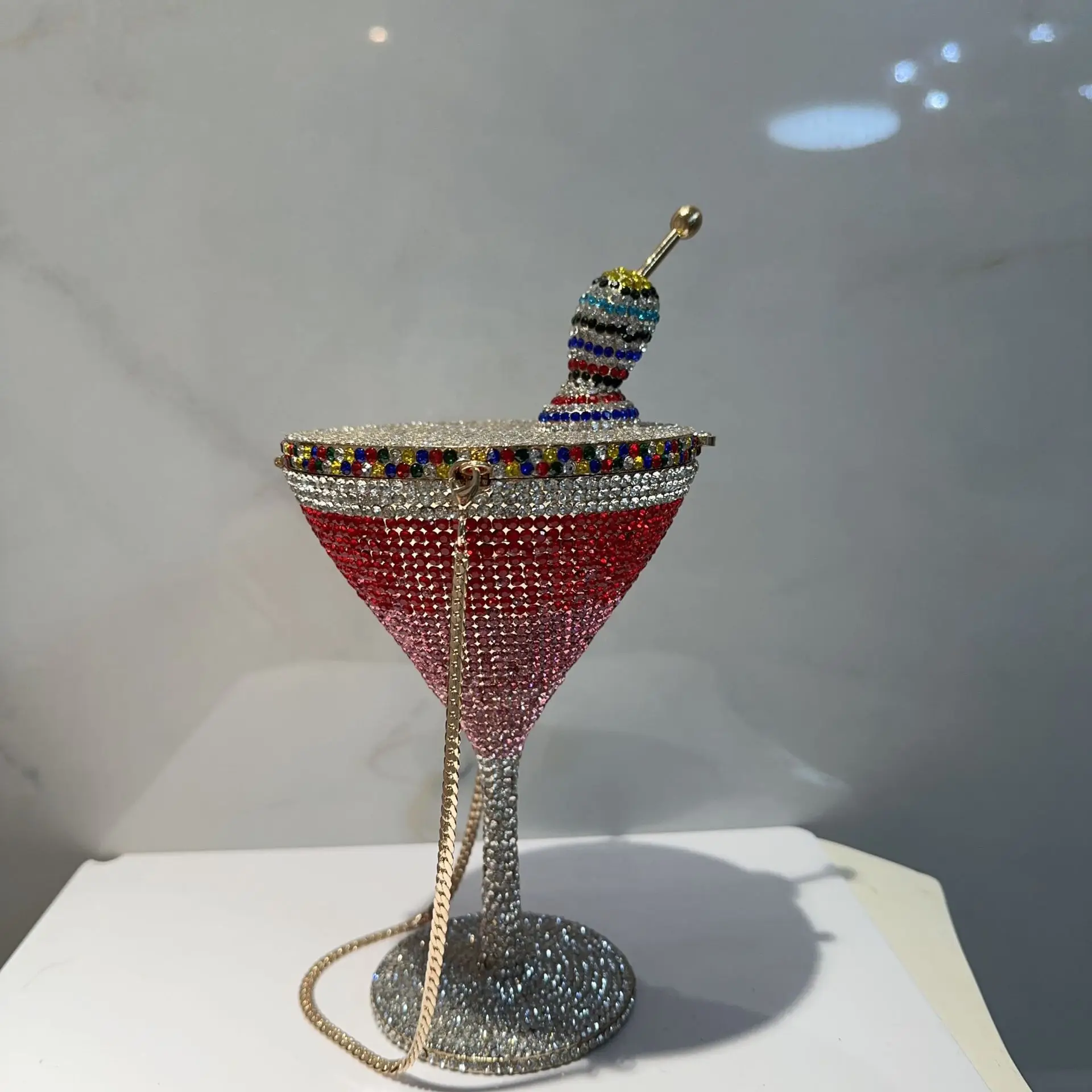 

Rhinestone Encrusted Martini Glass Clutch Bag, Sparkly Crystal Cocktail Cup Shaped Crossbody Purse with Mirror for Party