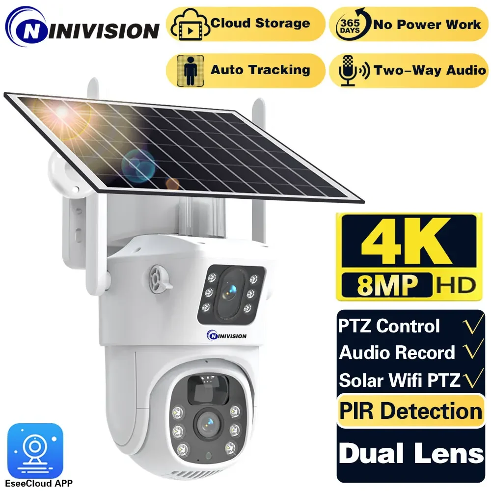 8mp Zoom Solar Panel Mult Ptz Camera Wifi Outdoor CCTV Camara Auto Tracking Eseecloud Security Protection Built in Battery 4k