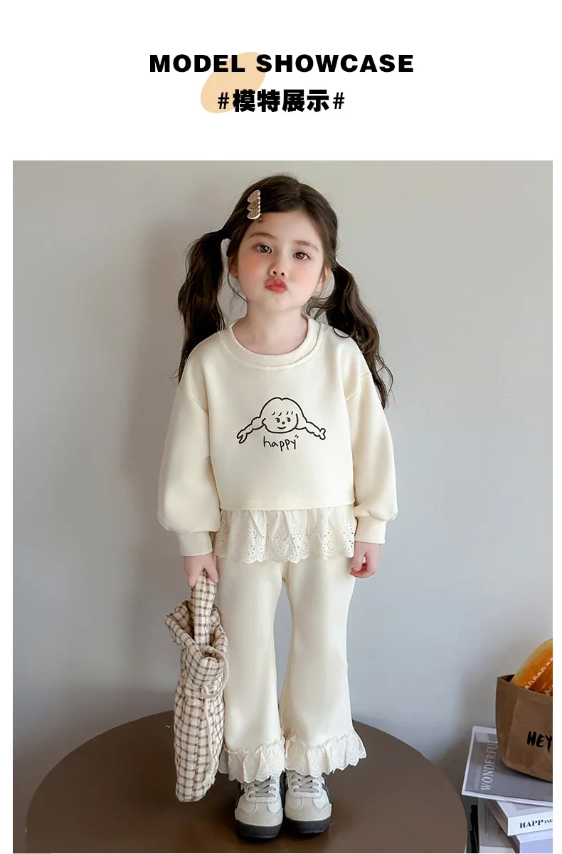 Neue Herbst-Kinderkleidung, süßes Sweatshirt-Outfit für Babymädchen, Spitze, lange Ärmel, Cartoon-Print-Oberteil + Hose, 2-teiliges Set – Detail 2