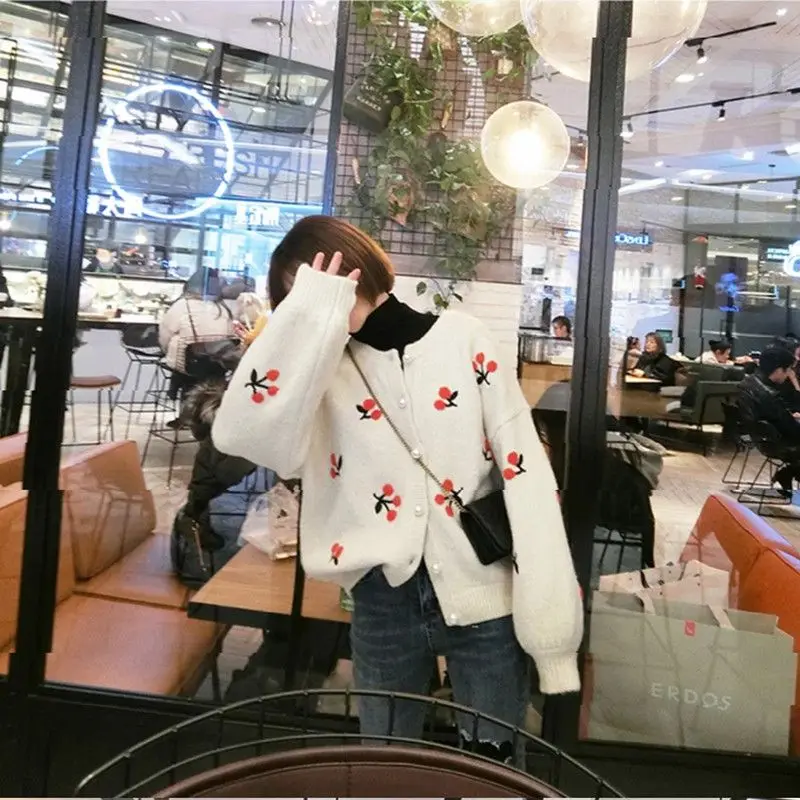 Spring Autumn Womens Cherry Pattern Short Knitted Cardigan Sweater Coat