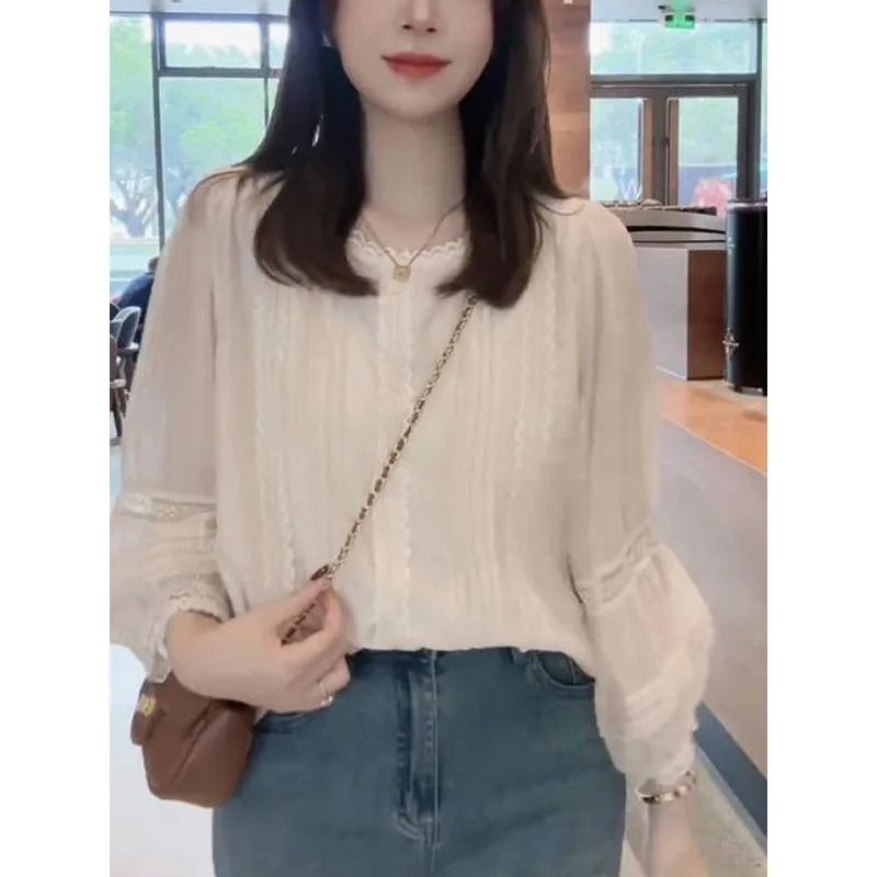 2023 New Autumn Fashion High Grade Small Shirt Top Temperament Casual Women's Lantern Sleeve Lace Lace Long Sleeve Shirt