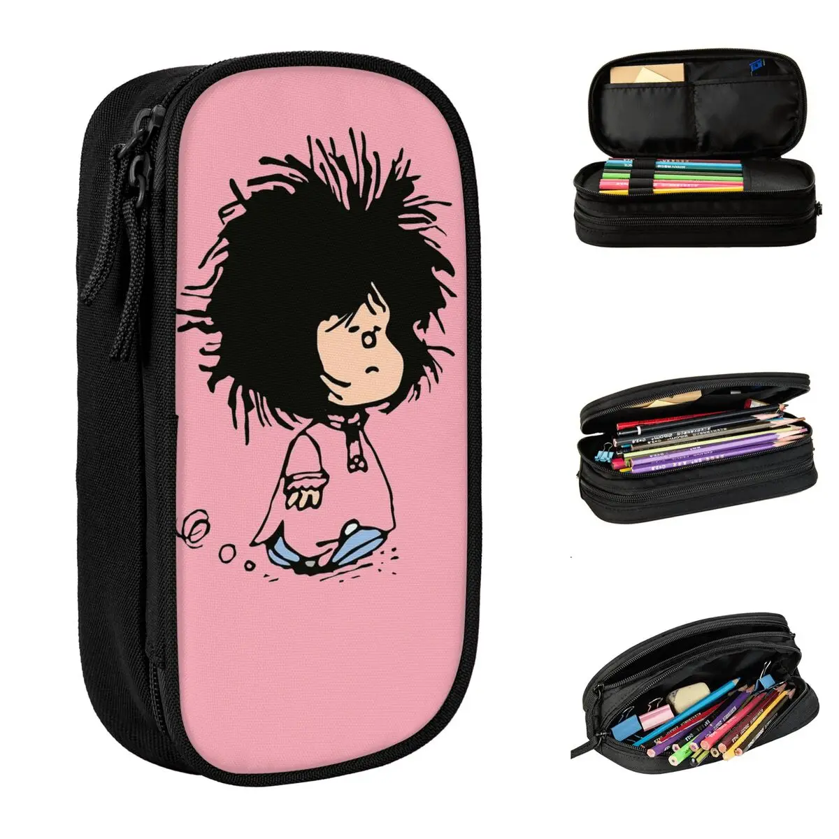 Large Capacity Pen Box Sleepy Mafalda Funny Office Accessories Double Layer Pencil Box Women Make Up Bag Gift