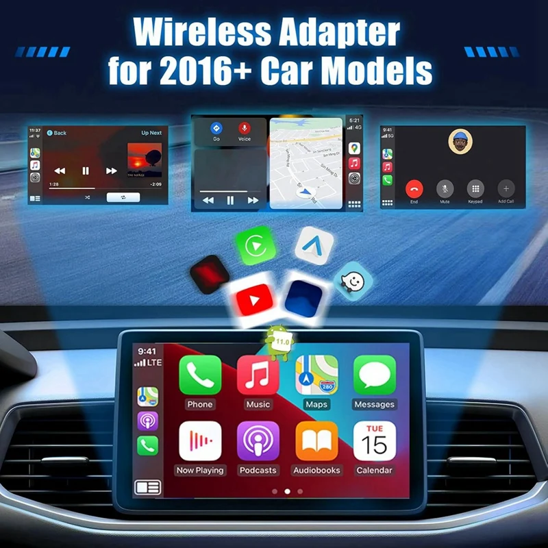 Adaptador carplay sem fio 4 em 1, adaptador sem fio automático android, adaptador com fio para caixa inteligente ai para mais de 2016 carros