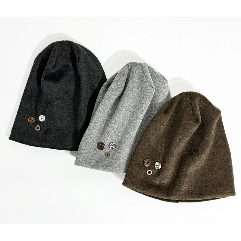 Woolen Button Beanie Chunky Knit Winter Hat For Women Cold Weather Cap Soft Thickened Headwrap (black/gray/brown) Headwear