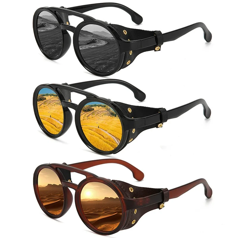 Lunettes de soleil rétro en cuir rond pour homme, polarisées, vision nocturne, cyclisme en plein air, alpinisme, lunettes de conduite pour femme