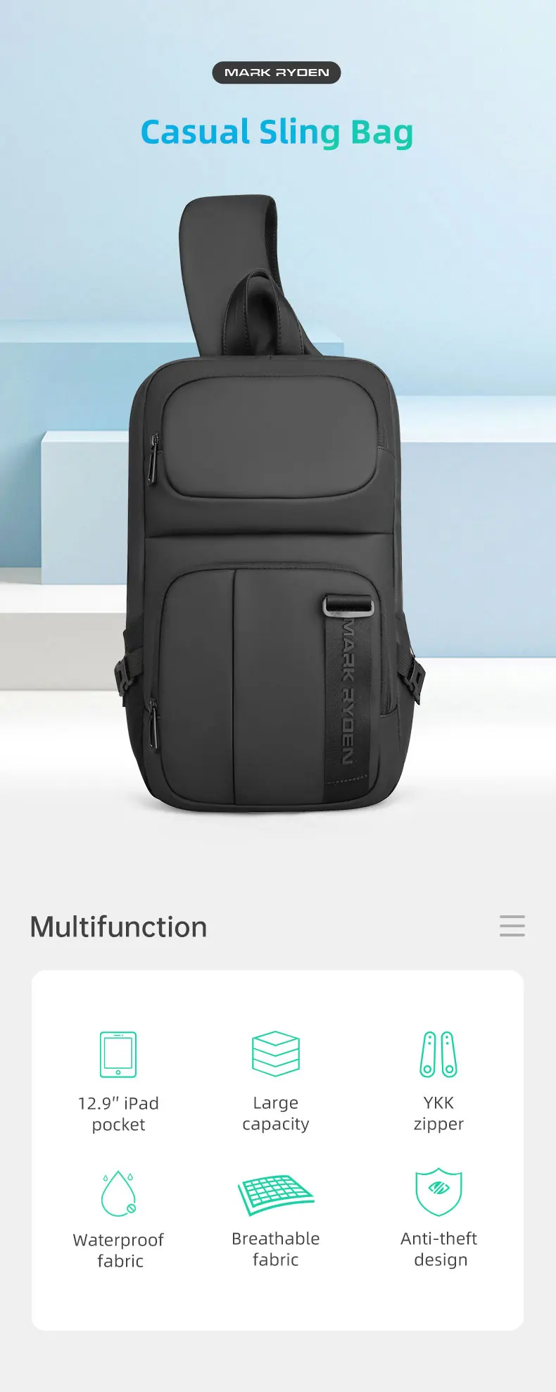 MARK RYDEN Crossbody Bag for 13.3" Pad RFID Anti-theft Messenger Shoulder Bag Water Repellent Short Trip Chest Bag Men Backpack
