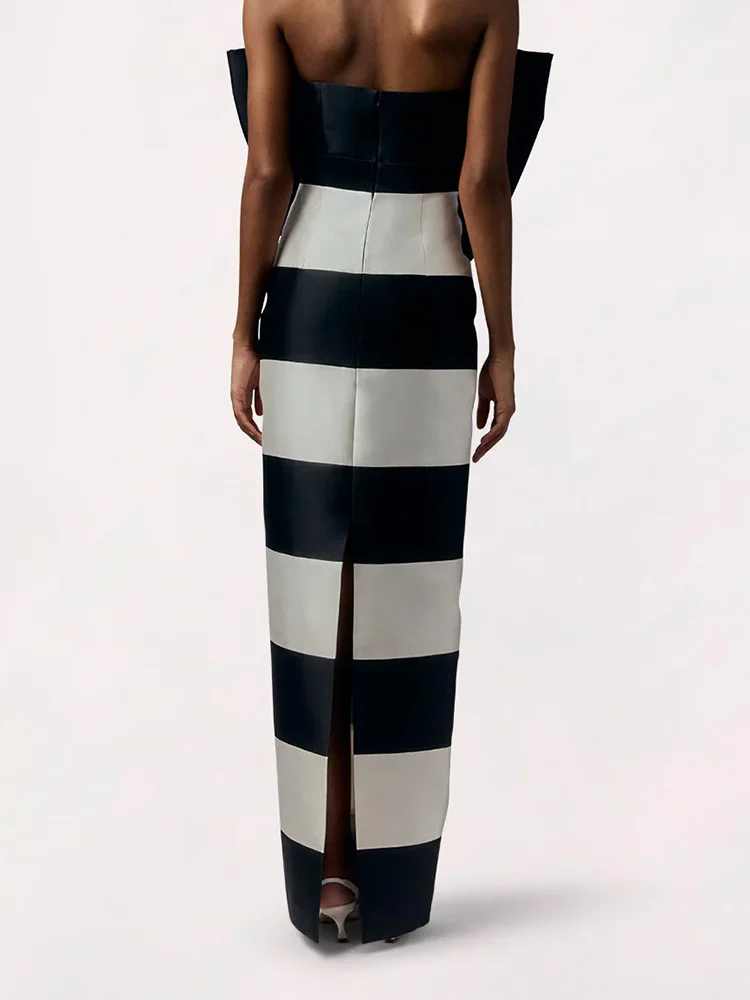 モダンなストラップレスボウノースリーブコントラストカラーストレートフォーマルイブニングドレス誕生日パーティープロムドレスカスタマイズ